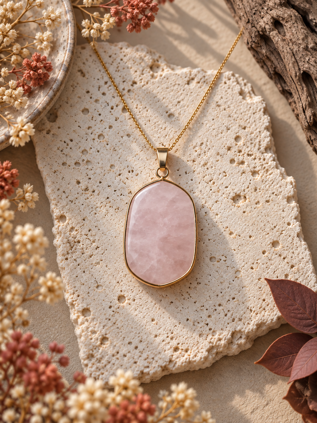 Collier pendentif en Quartz Rose - Amour Tendresse Réconfort