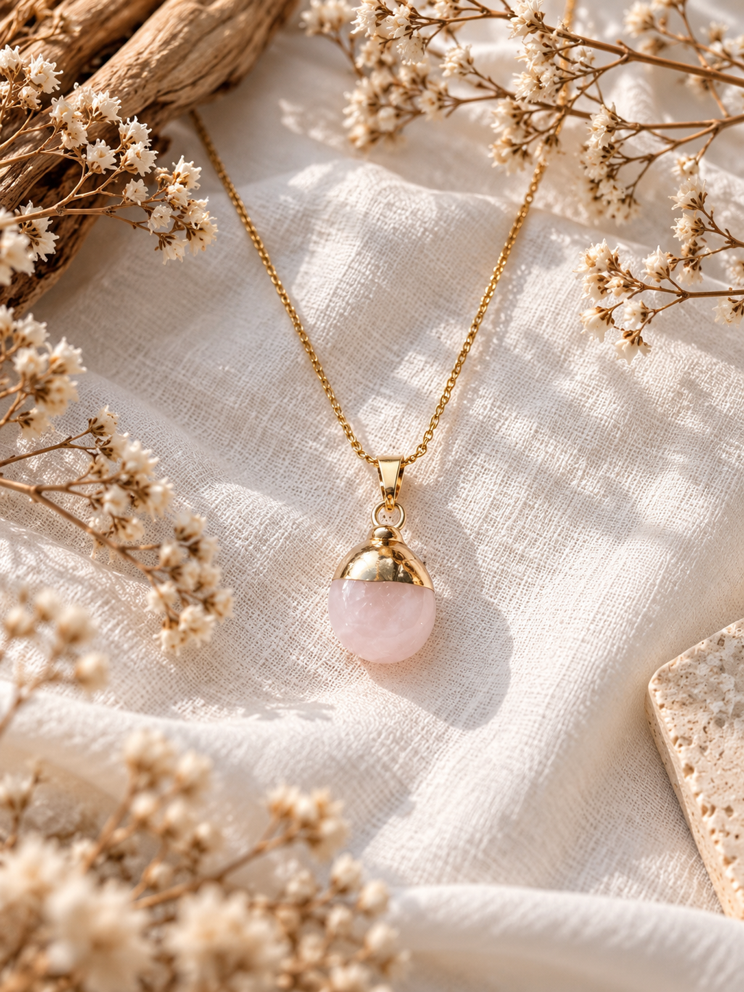 Collier pendentif en Quartz Rose - Amour Tendresse Réconfort